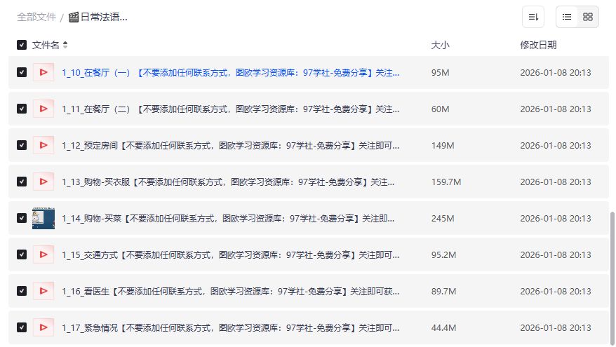 日常法语口语交际速成视频合集2026：零基础到点餐问路全搞定，免费夸克网盘资源